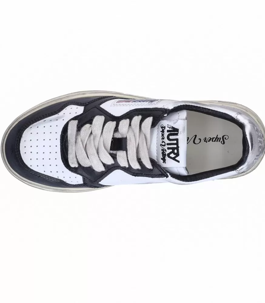 Femme Autry Baskets Medalist Low Super Vintage Blanc Argent Et Noir