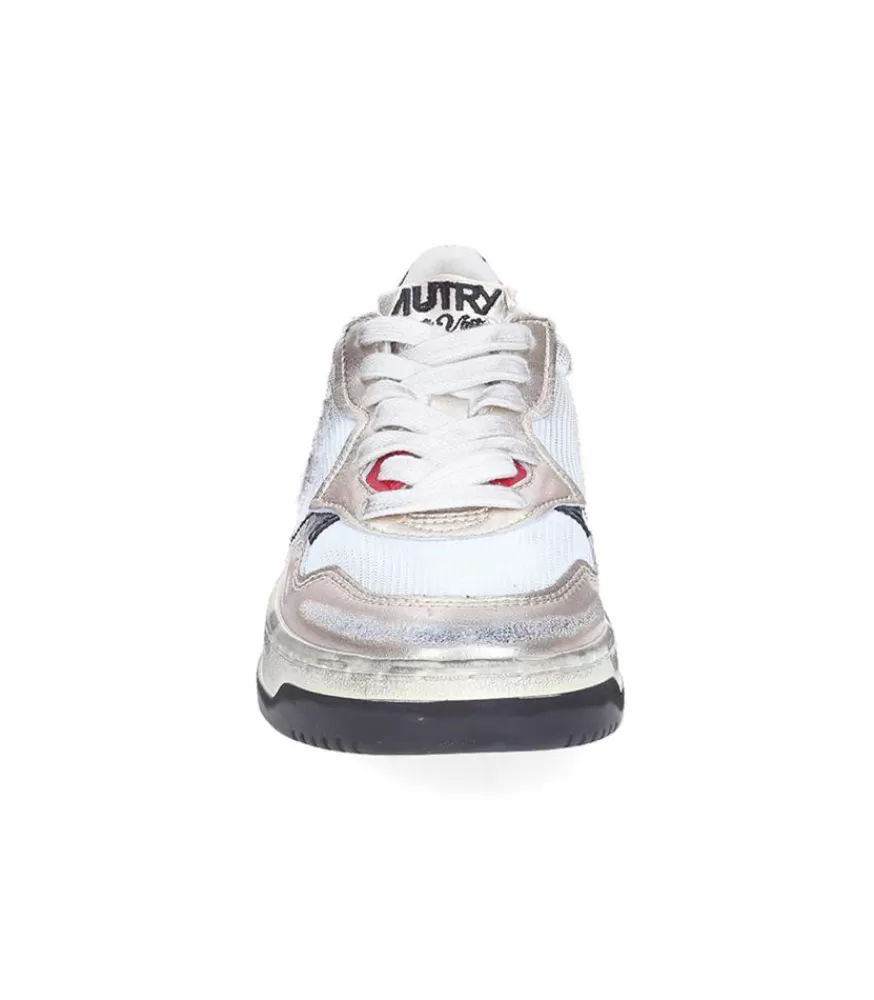 Femme Autry Baskets Medalist Low Super Vintage En Mesh Et Daim Blanc Et Or