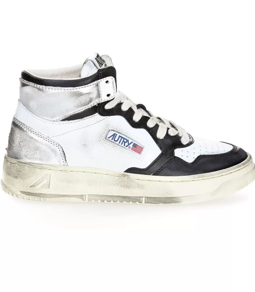 Femme Autry Baskets Super Vintage Mid Noir Et Argent