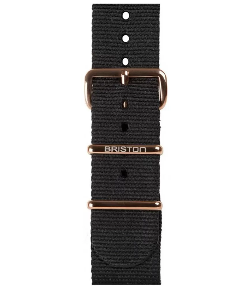Femme Briston Bracelet De Montre Type Nato Noir, Boucle Or Rose 18Mm - Clubmaster Chic