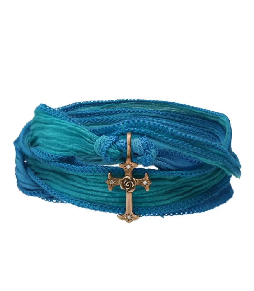 Femme Catherine Michiels Bracelet En Soie A Nouer Et Charm Mariel Cross En Bronze Et Diamant