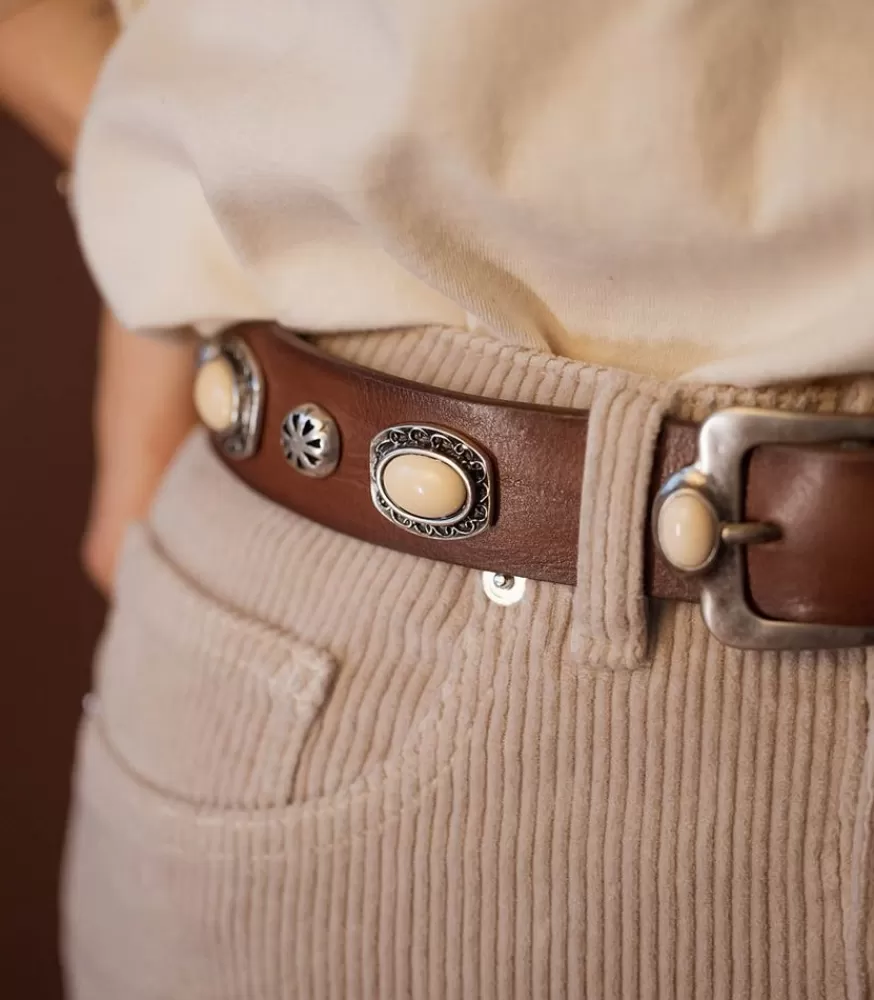 Femme Puntovita & Arsenice Ceinture En Cuir Tamponnee Pierres Marron X Jane De Boy