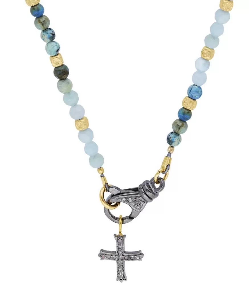 Femme Catherine Michiels Collier Le Ferret Croix En Lapis Lazuli, Agate Et Or